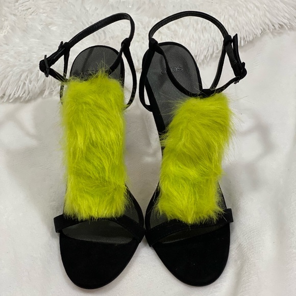 ASOS Hot spell Neón green faux fur stiletto heels size 6 - Picture 2 of 10